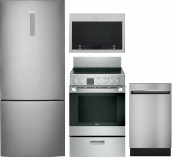 Haier 4 Piece Kitchen Appliances Package with Bottom Freezer Refrigerator, Electric Range, Dishwasher and Over the Range Microwave in Stainless Steel