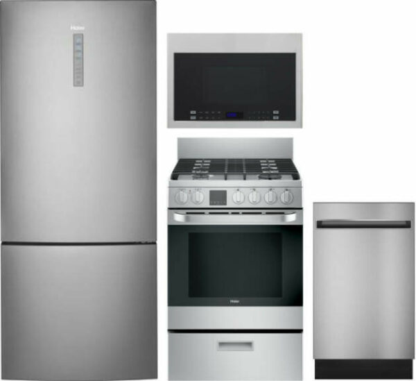 Haier 4 Piece Kitchen Appliances Package with Bottom Freezer Refrigerator, Gas Range, Dishwasher and Over the Range Microwave in Stainless Steel HARER