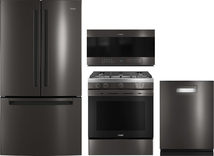 Haier 4 Piece Kitchen Appliances Package with French Door Refrigerator, Gas Range, Dishwasher and Over the Range Microwave HARERADWMW3011