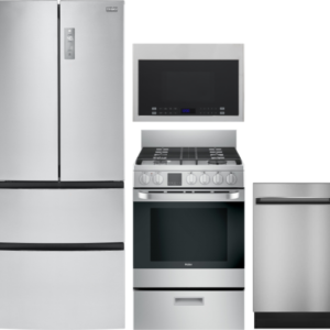 Haier 4 Piece Kitchen Appliances Package with French Door Refrigerator, Gas Range, Dishwasher and Over the Range Microwave in Stainless Steel HARERADW