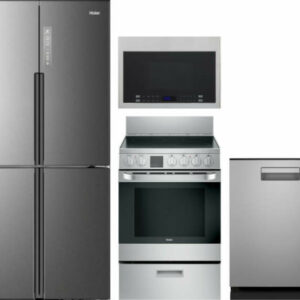 Haier 4 Piece Kitchen Appliances Package with French Door Refrigerator, Over the Range Microwave, Electric Range and Dishwasher in Stainless Steel HAR