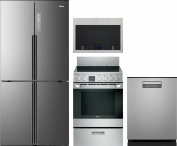 Haier 4 Piece Kitchen Appliances Package with French Door Refrigerator, Over the Range Microwave, Electric Range and Dishwasher in Stainless Steel HAR