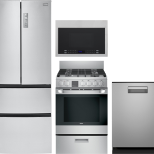 Haier 4 Piece Kitchen Appliances Package with French Door Refrigerator, Over the Range Microwave, Gas Range and Dishwasher in Stainless Steel HARERADW