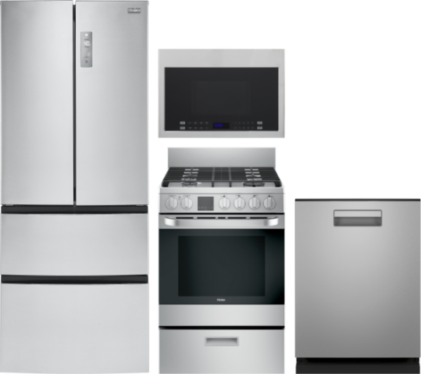 Haier 4 Piece Kitchen Appliances Package with French Door Refrigerator, Over the Range Microwave, Gas Range and Dishwasher in Stainless Steel HARERADW