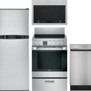 Haier 4 Piece Kitchen Appliances Package with Top Freezer Refrigerator, Electric Range, Dishwasher and Over the Range Microwave in Stainless Steel HAR