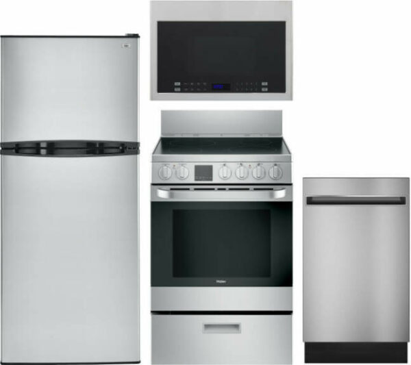 Haier 4 Piece Kitchen Appliances Package with Top Freezer Refrigerator, Electric Range, Dishwasher and Over the Range Microwave in Stainless Steel HAR