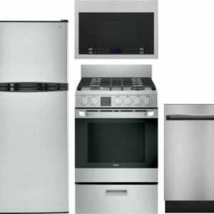 Haier 4 Piece Kitchen Appliances Package with Top Freezer Refrigerator, Gas Range, Dishwasher and Over the Range Microwave in Stainless Steel HARERADW