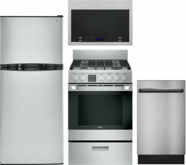 Haier 4 Piece Kitchen Appliances Package with Top Freezer Refrigerator, Gas Range, Dishwasher and Over the Range Microwave in Stainless Steel HARERADW