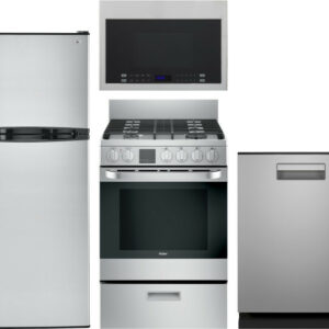 Haier 4 Piece Kitchen Appliances Package with Top Freezer Refrigerator, Over the Range Microwave, Gas Range and Dishwasher in Stainless Steel HARERADW