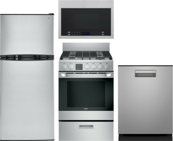 Haier 4 Piece Kitchen Appliances Package with Top Freezer Refrigerator, Over the Range Microwave, Gas Range and Dishwasher in Stainless Steel HARERADW