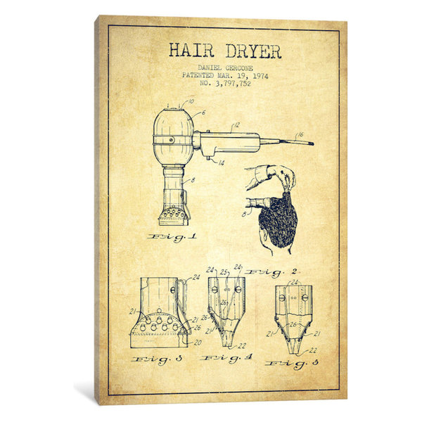 "Hair Dryer Vintage Patent Blueprint" by Aged Pixel, 40x26x1.5, 1-Piec
