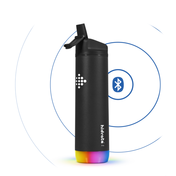 HidrateSpark STEEL - Insulated Black Stainless Steel Bluetooth Smart Water Bottle - 21oz - Black/Straw Lid