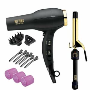 Hot Tools Signature Series Hair Dryer and Curling Iron Volume Styling Kit Box, Black