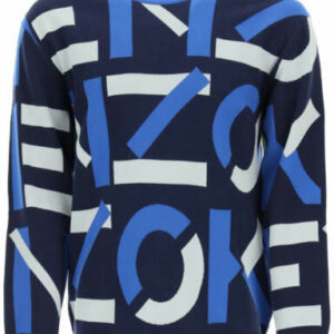 KENZO MONOGRAM JACQUARD SWEATER S Blue, Grey Cotton