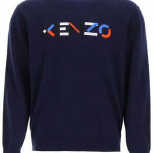 KENZO SWEATER WITH MULTICOLOR LOGO EMBROIDERY S Blue, Orange, Grey Cotton