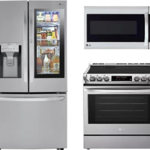 LG 3 Piece Kitchen Appliances Package with French Door Refrigerator, Electric Range and Over the Range Microwave in Stainless Steel LGRERAMW505