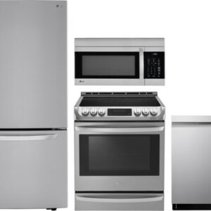 LG 4 Piece Kitchen Appliances Package with Bottom Freezer Refrigerator, Electric Range, Dishwasher and Over the Range Microwave in Stainless Steel LGR