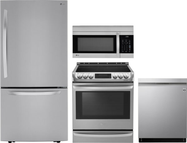 LG 4 Piece Kitchen Appliances Package with Bottom Freezer Refrigerator, Electric Range, Dishwasher and Over the Range Microwave in Stainless Steel LGR