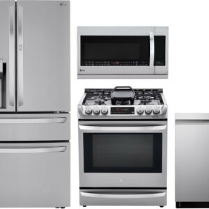 LG 4 Piece Kitchen Appliances Package with French Door Refrigerator, Dual Fuel Range, Dishwasher and Over the Range Microwave LGRERADWMW5709