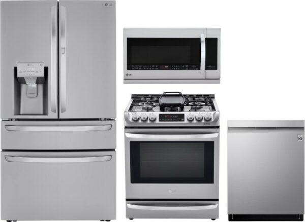 LG 4 Piece Kitchen Appliances Package with French Door Refrigerator, Dual Fuel Range, Dishwasher and Over the Range Microwave LGRERADWMW5709