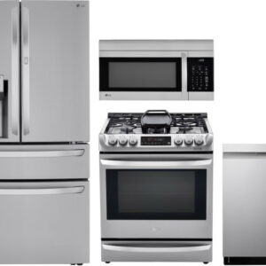 LG 4 Piece Kitchen Appliances Package with French Door Refrigerator, Dual Fuel Range, Dishwasher and Over the Range Microwave LGRERADWMW6550