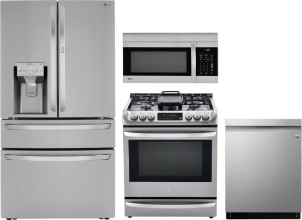 LG 4 Piece Kitchen Appliances Package with French Door Refrigerator, Dual Fuel Range, Dishwasher and Over the Range Microwave LGRERADWMW6550