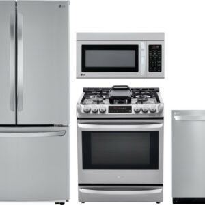 LG 4 Piece Kitchen Appliances Package with French Door Refrigerator, Dual Fuel Range, Dishwasher and Over the Range Microwave in Stainless Steel LGRER