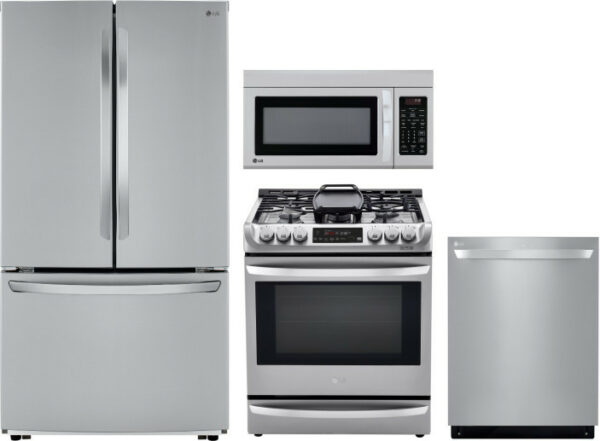 LG 4 Piece Kitchen Appliances Package with French Door Refrigerator, Dual Fuel Range, Dishwasher and Over the Range Microwave in Stainless Steel LGRER