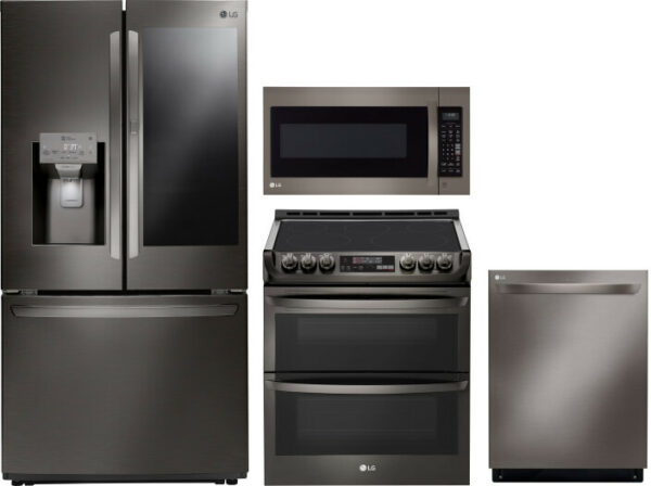 LG 4 Piece Kitchen Appliances Package with French Door Refrigerator, Electric Range, Dishwasher and Over the Range Microwave LGRERADWMW3479