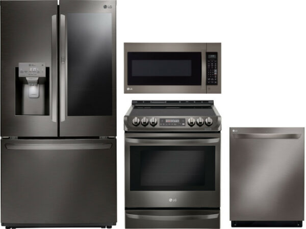 LG 4 Piece Kitchen Appliances Package with French Door Refrigerator, Electric Range, Dishwasher and Over the Range Microwave LGRERADWMW5260