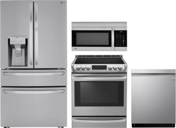 LG 4 Piece Kitchen Appliances Package with French Door Refrigerator, Electric Range, Dishwasher and Over the Range Microwave LGRERADWMW5710