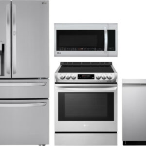 LG 4 Piece Kitchen Appliances Package with French Door Refrigerator, Electric Range, Dishwasher and Over the Range Microwave LGRERADWMW5711