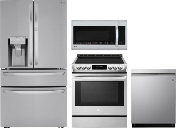 LG 4 Piece Kitchen Appliances Package with French Door Refrigerator, Electric Range, Dishwasher and Over the Range Microwave LGRERADWMW5711