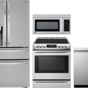 LG 4 Piece Kitchen Appliances Package with French Door Refrigerator, Electric Range, Dishwasher and Over the Range Microwave LGRERADWMW5714