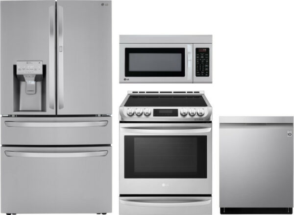 LG 4 Piece Kitchen Appliances Package with French Door Refrigerator, Electric Range, Dishwasher and Over the Range Microwave LGRERADWMW5714