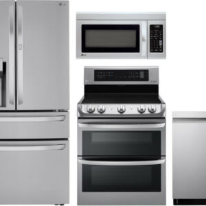 LG 4 Piece Kitchen Appliances Package with French Door Refrigerator, Electric Range, Dishwasher and Over the Range Microwave LGRERADWMW6552