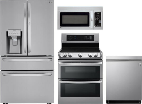 LG 4 Piece Kitchen Appliances Package with French Door Refrigerator, Electric Range, Dishwasher and Over the Range Microwave LGRERADWMW6552