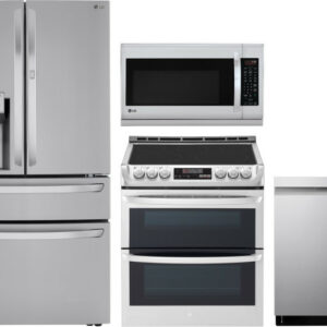 LG 4 Piece Kitchen Appliances Package with French Door Refrigerator, Electric Range, Dishwasher and Over the Range Microwave LGRERADWMW6554