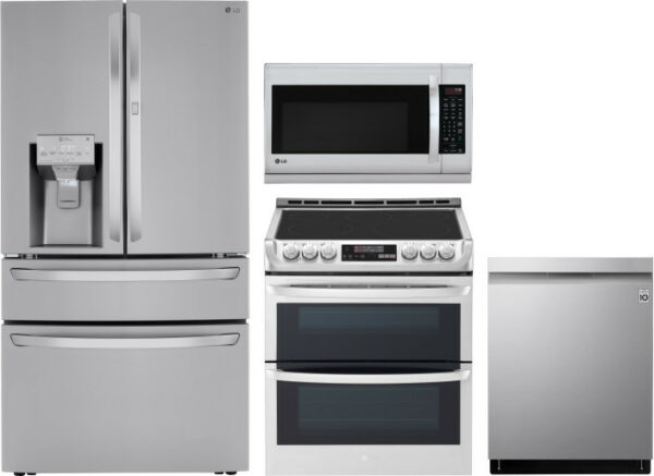 LG 4 Piece Kitchen Appliances Package with French Door Refrigerator, Electric Range, Dishwasher and Over the Range Microwave LGRERADWMW6554