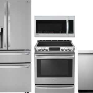 LG 4 Piece Kitchen Appliances Package with French Door Refrigerator, Electric Range, Dishwasher and Over the Range Microwave LGRERADWMW6555