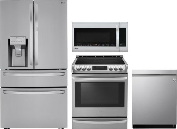 LG 4 Piece Kitchen Appliances Package with French Door Refrigerator, Electric Range, Dishwasher and Over the Range Microwave LGRERADWMW6555