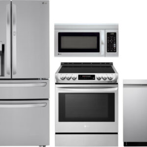 LG 4 Piece Kitchen Appliances Package with French Door Refrigerator, Electric Range, Dishwasher and Over the Range Microwave LGRERADWMW6557