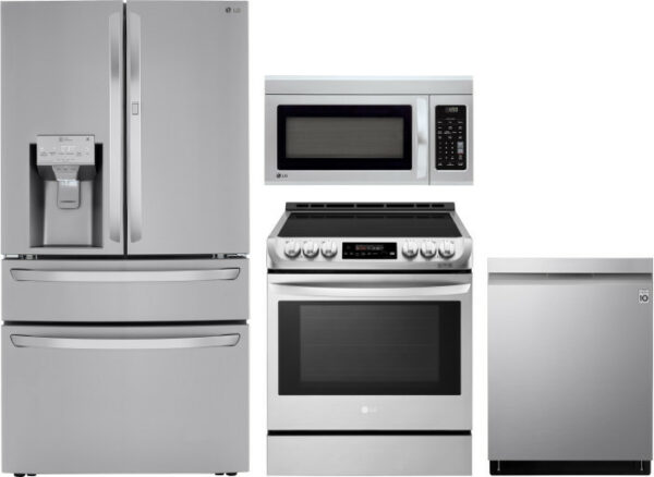 LG 4 Piece Kitchen Appliances Package with French Door Refrigerator, Electric Range, Dishwasher and Over the Range Microwave LGRERADWMW6557