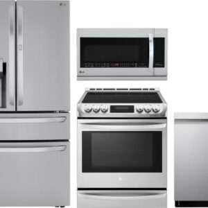 LG 4 Piece Kitchen Appliances Package with French Door Refrigerator, Electric Range, Dishwasher and Over the Range Microwave LGRERADWMW6558