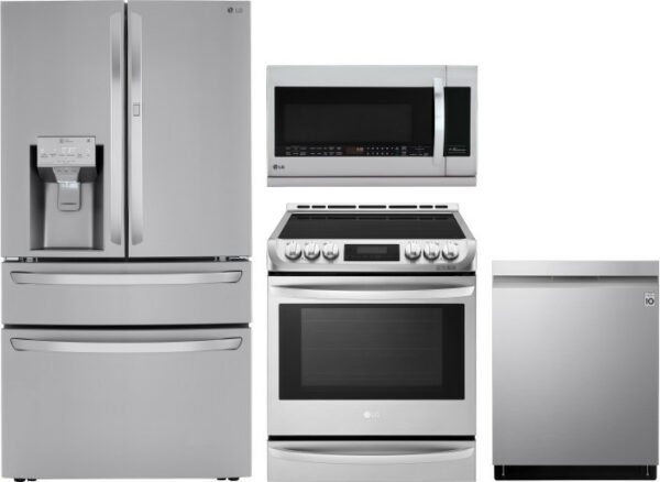 LG 4 Piece Kitchen Appliances Package with French Door Refrigerator, Electric Range, Dishwasher and Over the Range Microwave LGRERADWMW6558