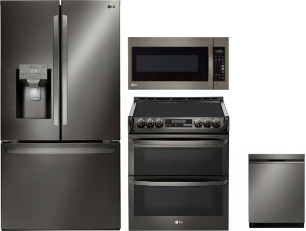 LG 4 Piece Kitchen Appliances Package with French Door Refrigerator, Electric Range, Dishwasher and Over the Range Microwave in Black Stainless Steel