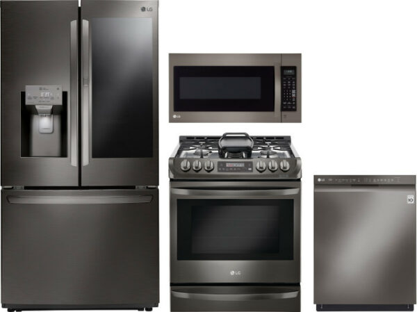 LG 4 Piece Kitchen Appliances Package with French Door Refrigerator, Gas Range, Dishwasher and Over the Range Microwave LGRERADWMW5243