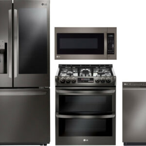 LG 4 Piece Kitchen Appliances Package with French Door Refrigerator, Gas Range, Dishwasher and Over the Range Microwave LGRERADWMW5244