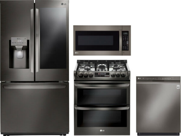 LG 4 Piece Kitchen Appliances Package with French Door Refrigerator, Gas Range, Dishwasher and Over the Range Microwave LGRERADWMW5244