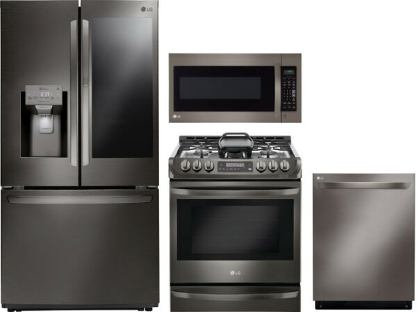 LG 4 Piece Kitchen Appliances Package with French Door Refrigerator, Gas Range, Dishwasher and Over the Range Microwave LGRERADWMW5248